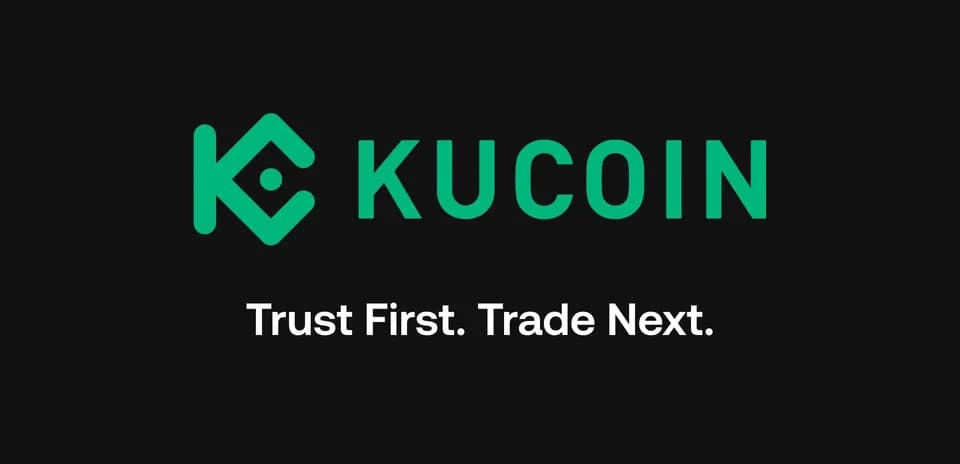 Logo de KuCoin con eslogan en fondo negro