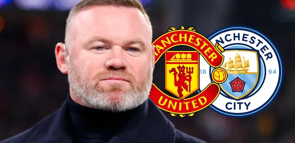Wayne Rooney in front of Manchester United and City logos