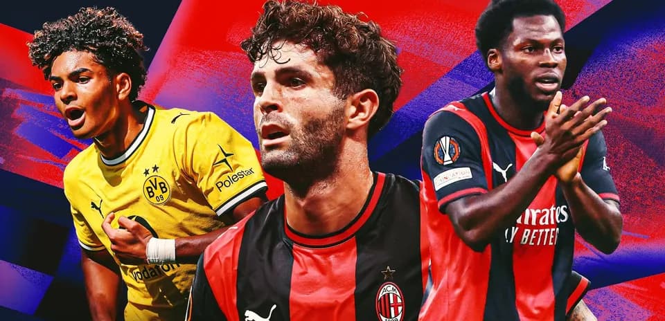 Jugadores de Borussia Dortmund y AC Milan en fondo colorido