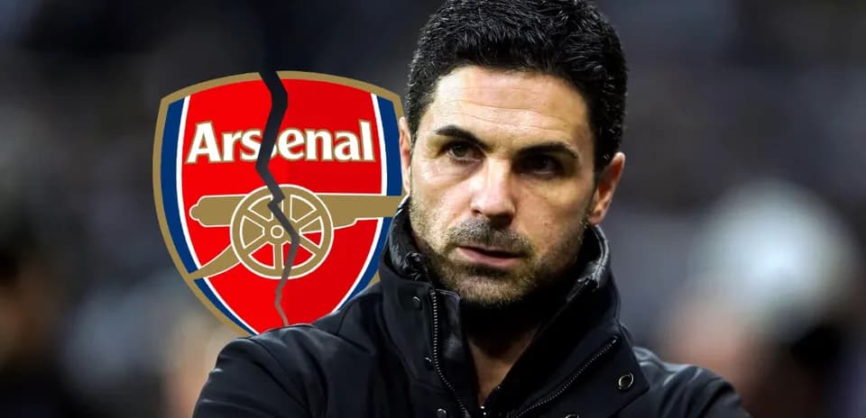 Mikel Arteta con logo de Arsenal de fondo