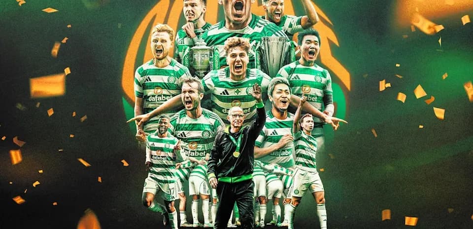 Jugadores de Celtic celebrando con trofeo en fondo festivo