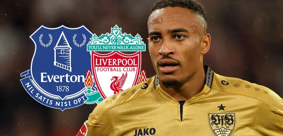 Jugador con camiseta dorada y escudos de Everton y Liverpool