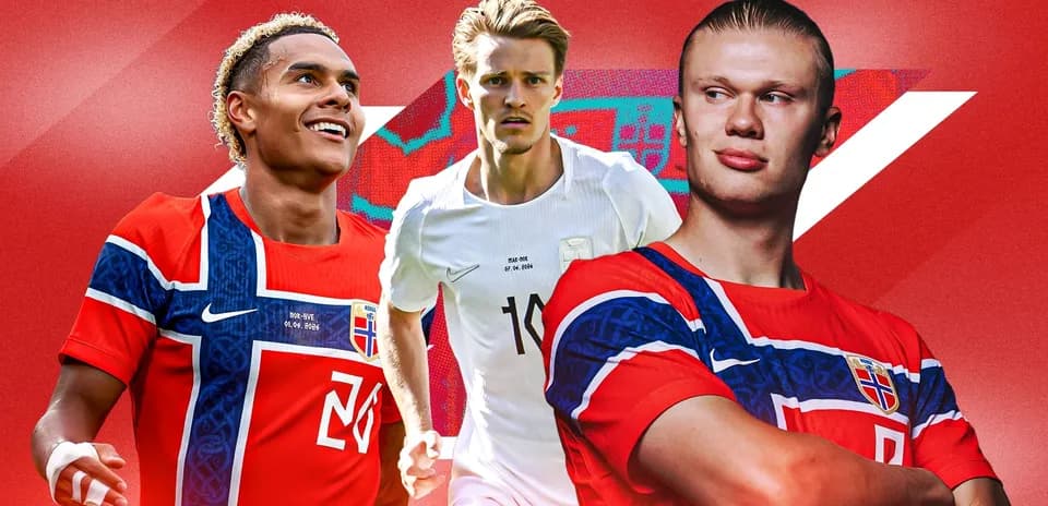 Jugadores de fútbol noruegos posando en uniforme