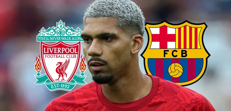 Jugador con camiseta roja entre logos de Liverpool y Barcelona