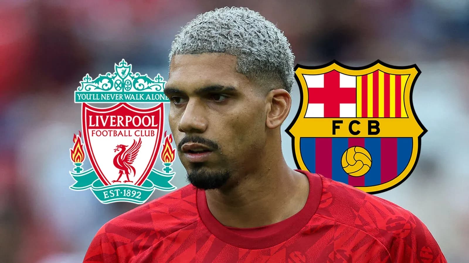 Jugador con camiseta roja entre logos de Liverpool y Barcelona