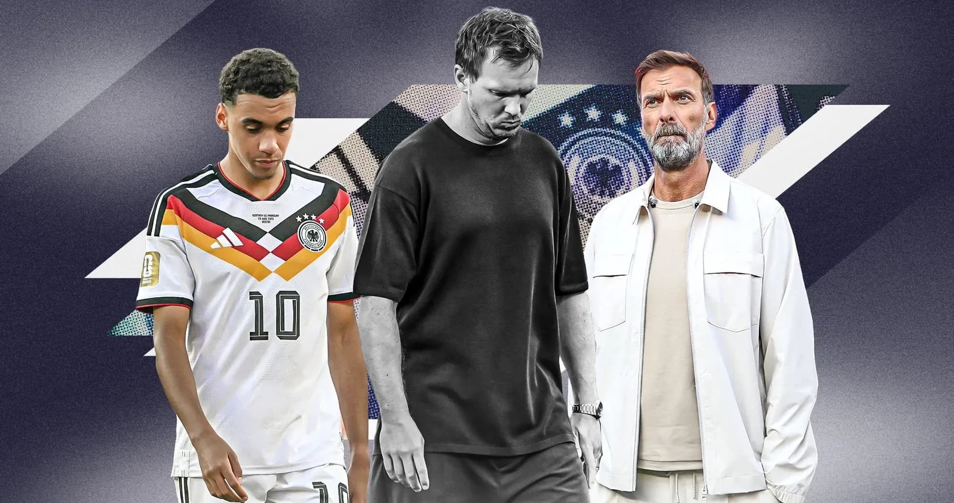 Jugadores y entrenador de Alemania en fondo gráfico