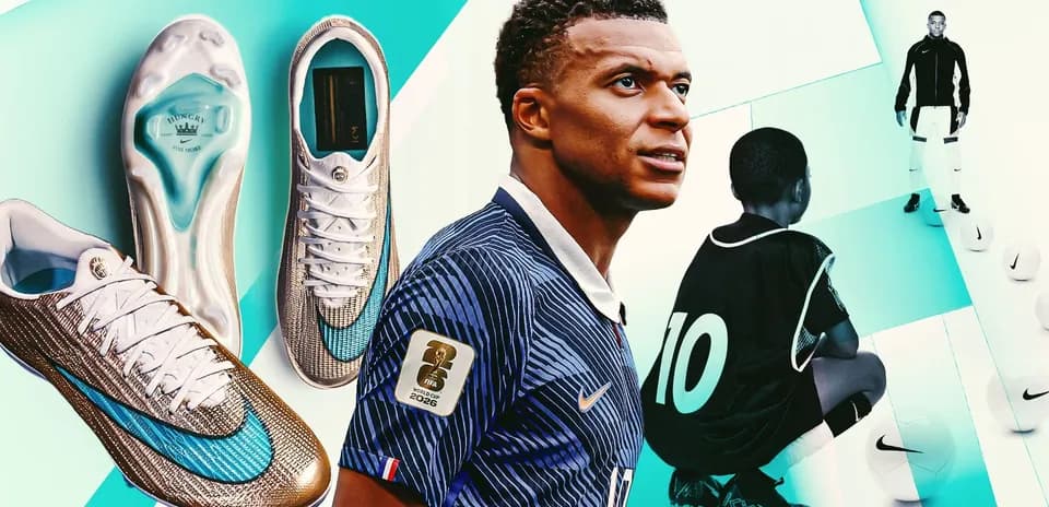 Kylian Mbappé y botas de fútbol sobre fondo colorido