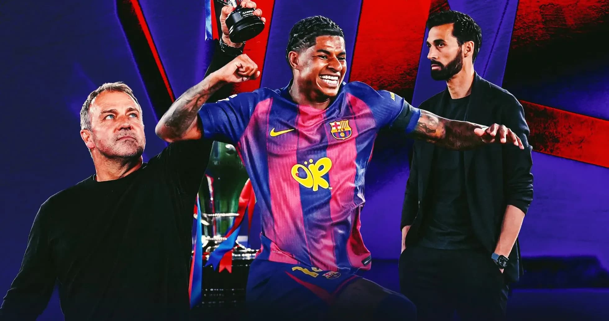 Jugador de Barça celebrando con trofeo, entrenadores al fondo