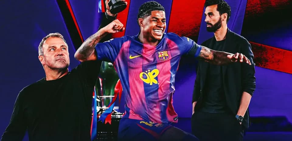 Jugador de Barça celebrando con trofeo, entrenadores al fondo