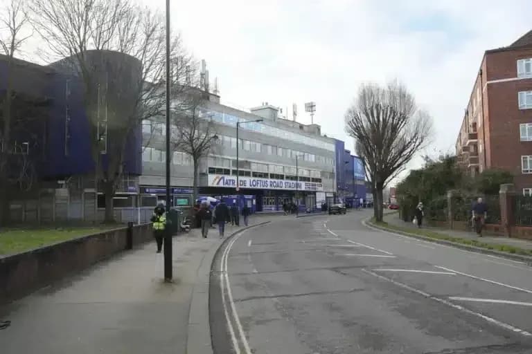 Exterior view of Loftus Road Stadium on street
