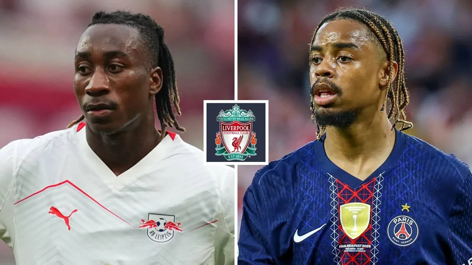 Dos jugadores de fútbol con camisetas de Leipzig y PSG