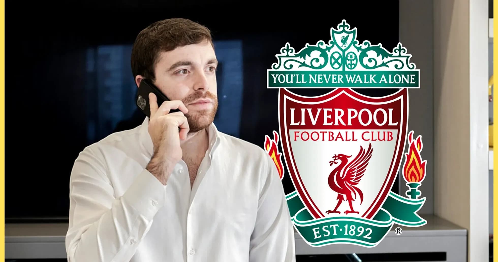 Hombre hablando por teléfono junto al logo de Liverpool