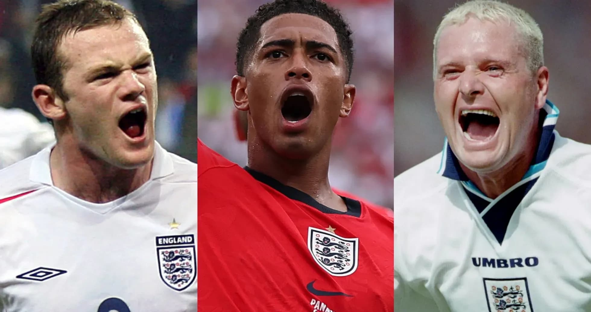 Tres jugadores de Inglaterra gritando en diferentes partidos