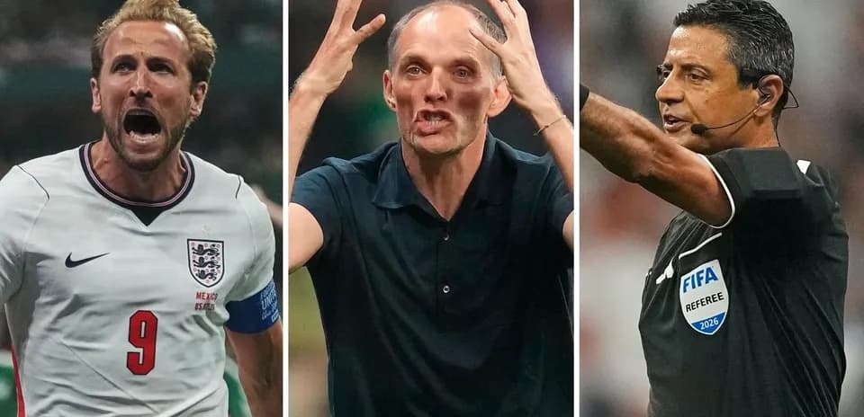 Harry Kane, Thomas Tuchel y árbitro durante un partido