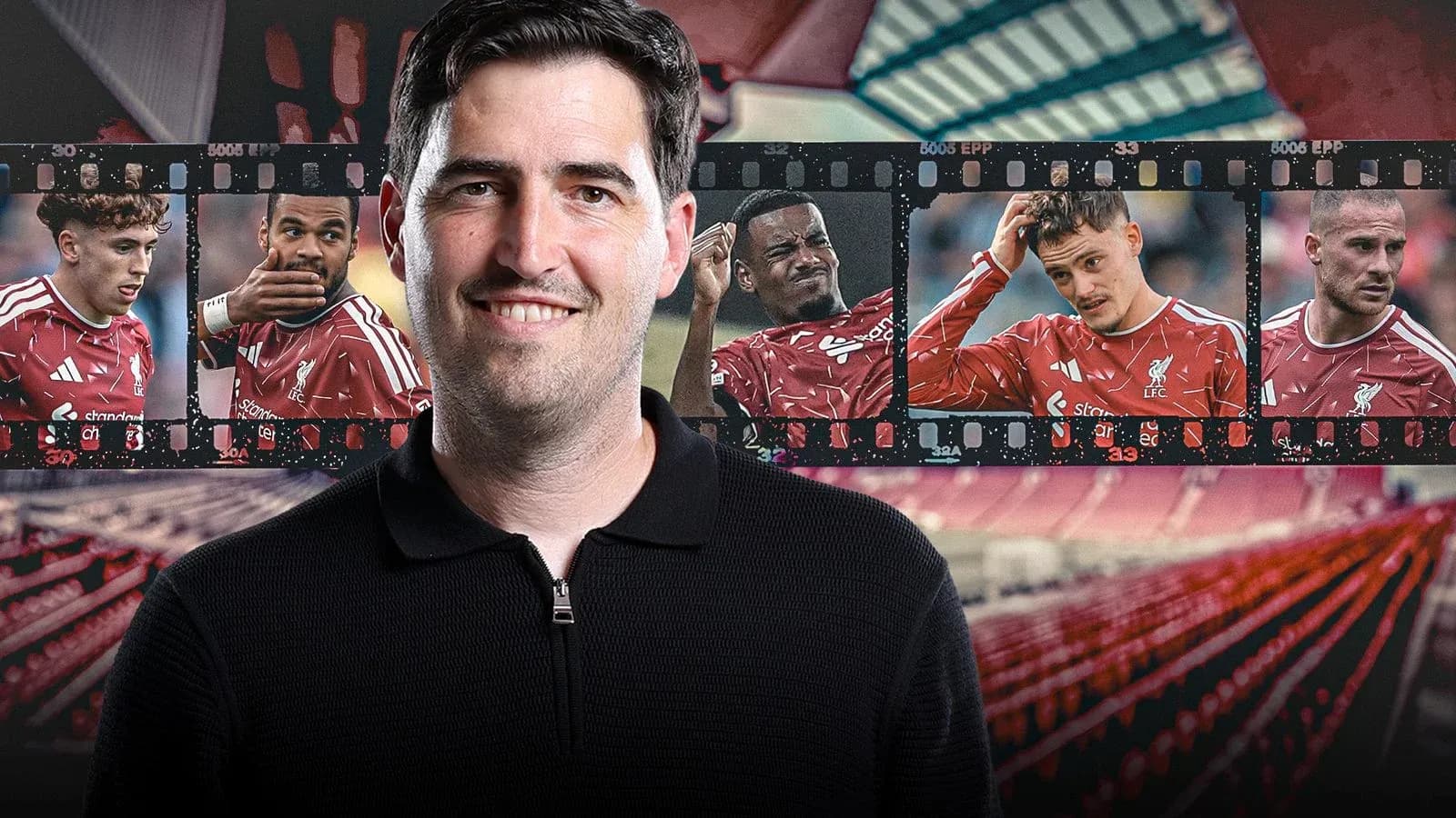 Entrenador con jugadores de Liverpool en fondo artístico