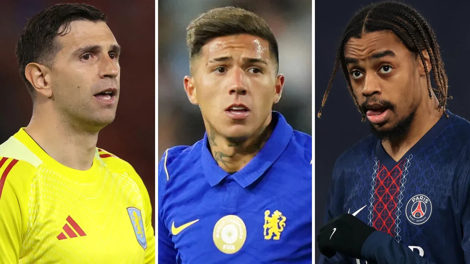 Tres futbolistas en primer plano durante un evento