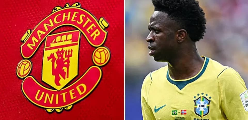 Logotipo de Manchester United junto a jugador brasileño