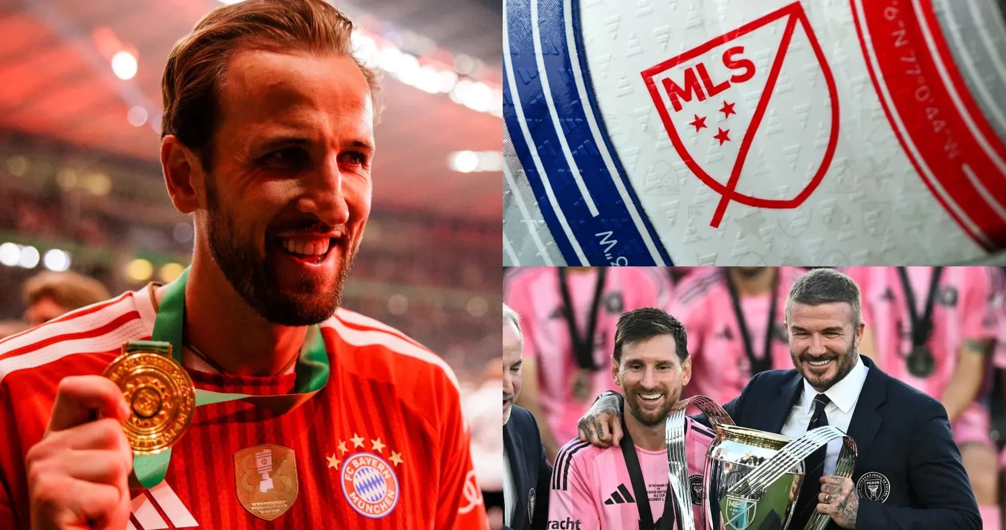 Harry Kane celebrating, MLS logo, Messi y Beckham con trofeo