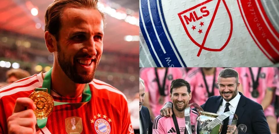 Harry Kane celebrating, MLS logo, Messi y Beckham con trofeo