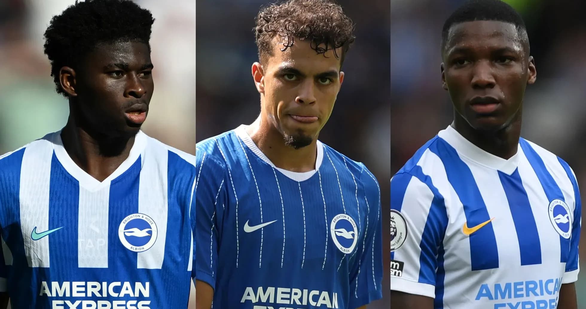 Tres jugadores de Brighton en uniforme durante el partido Tres jugadores de Brighton en uniforme durante el partido