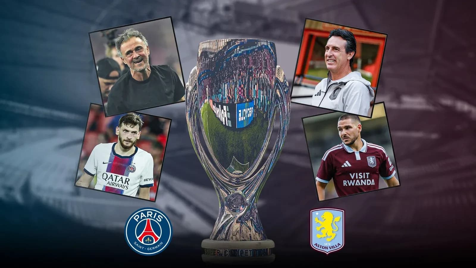 Entrenadores y jugadores de PSG y Aston Villa con trofeo Entrenadores y jugadores de PSG y Aston Villa con trofeo