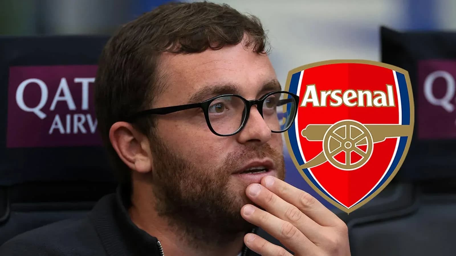Persona pensativa con logo de Arsenal de fondo Persona pensativa con logo de Arsenal de fondo