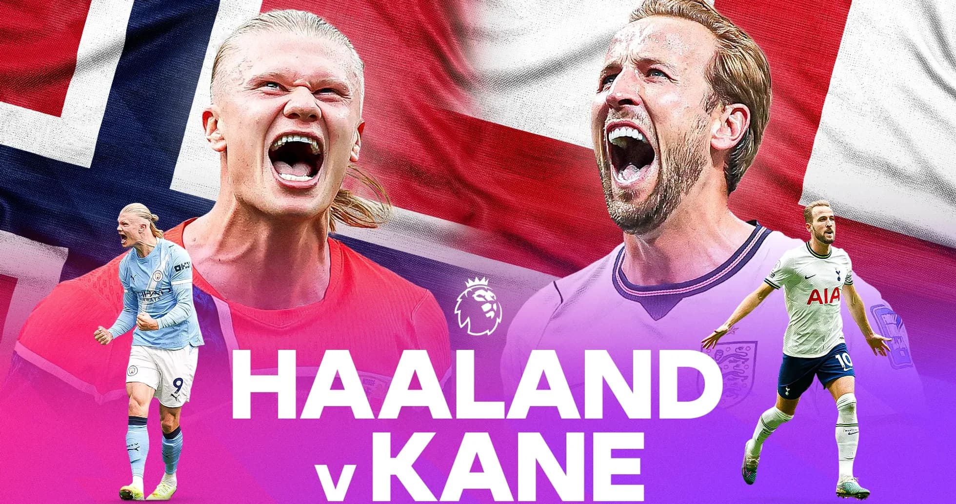 Erling Haaland y Harry Kane en fondo de banderas Erling Haaland y Harry Kane en fondo de banderas