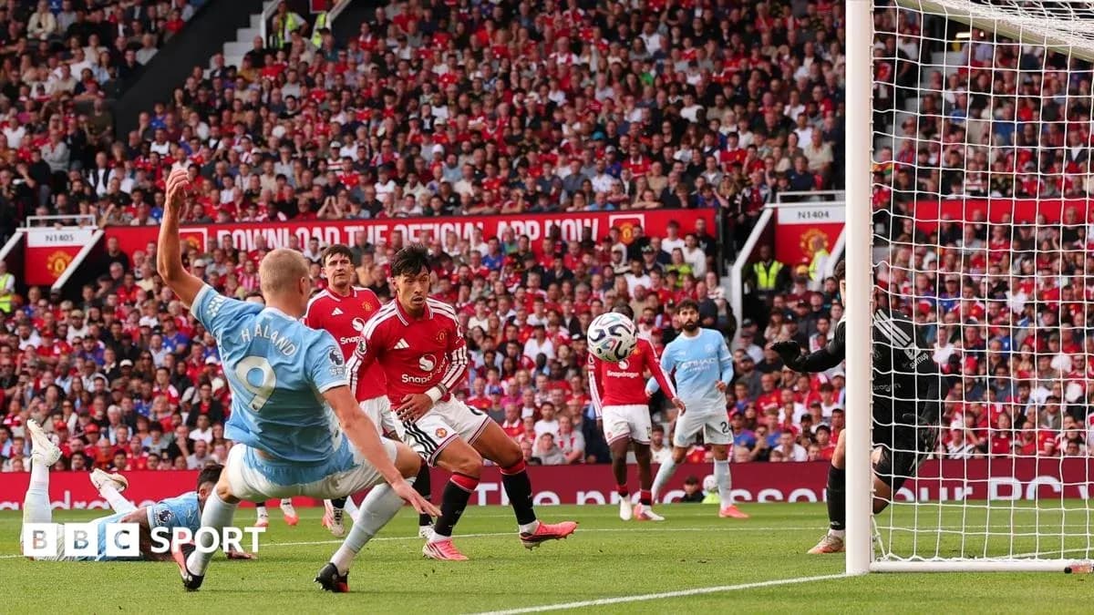Haaland attempting to score during Manchester derby Haaland attempting to score during Manchester derby