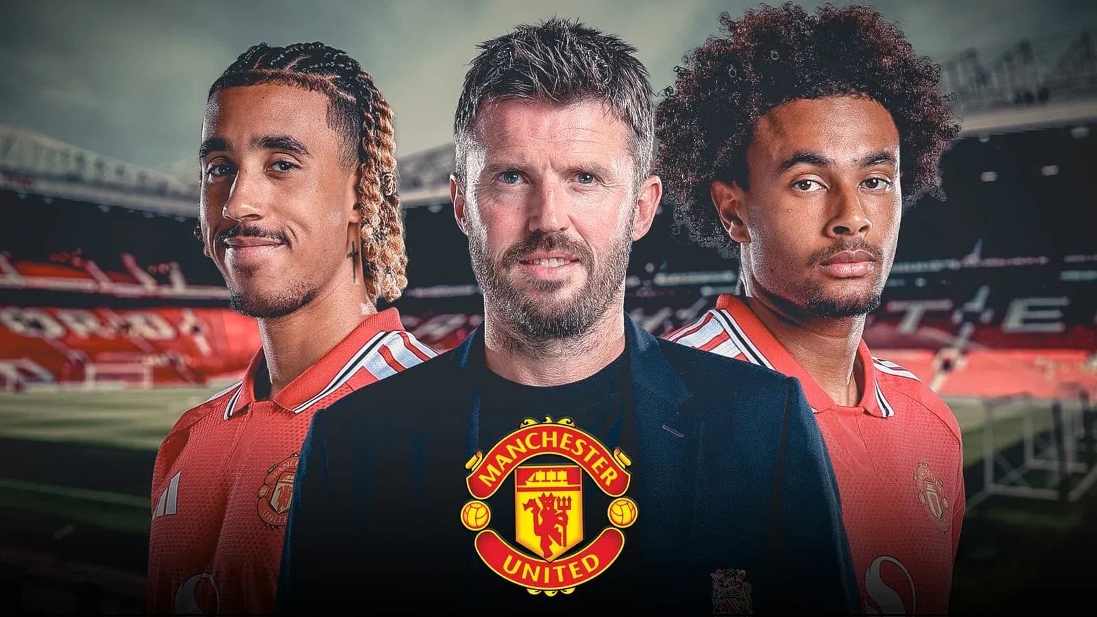Tres personas posando en el estadio de Manchester United Tres personas posando en el estadio de Manchester United