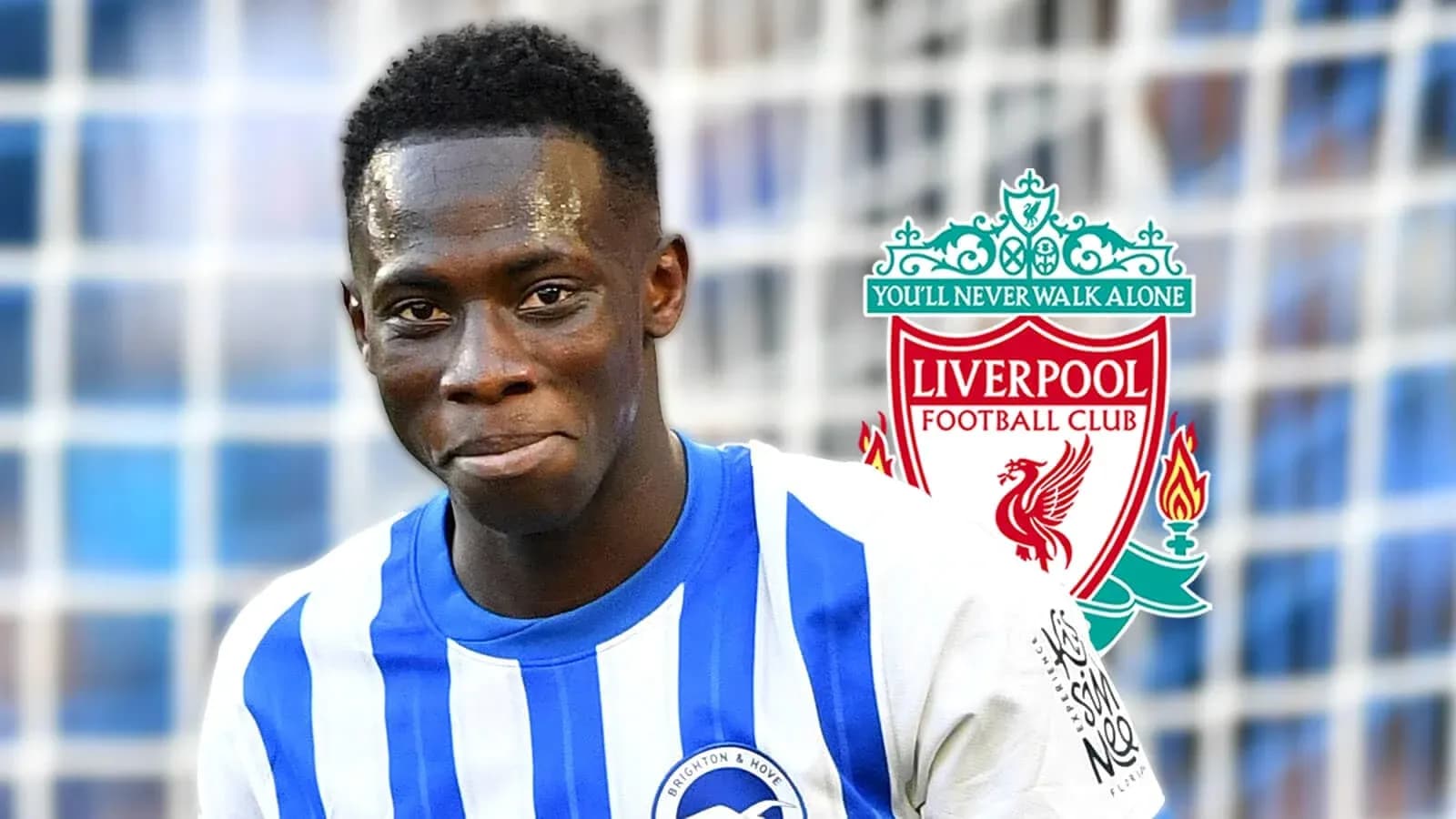 Jugador de Brighton sonriendo con logotipo de Liverpool Jugador de Brighton sonriendo con logotipo de Liverpool