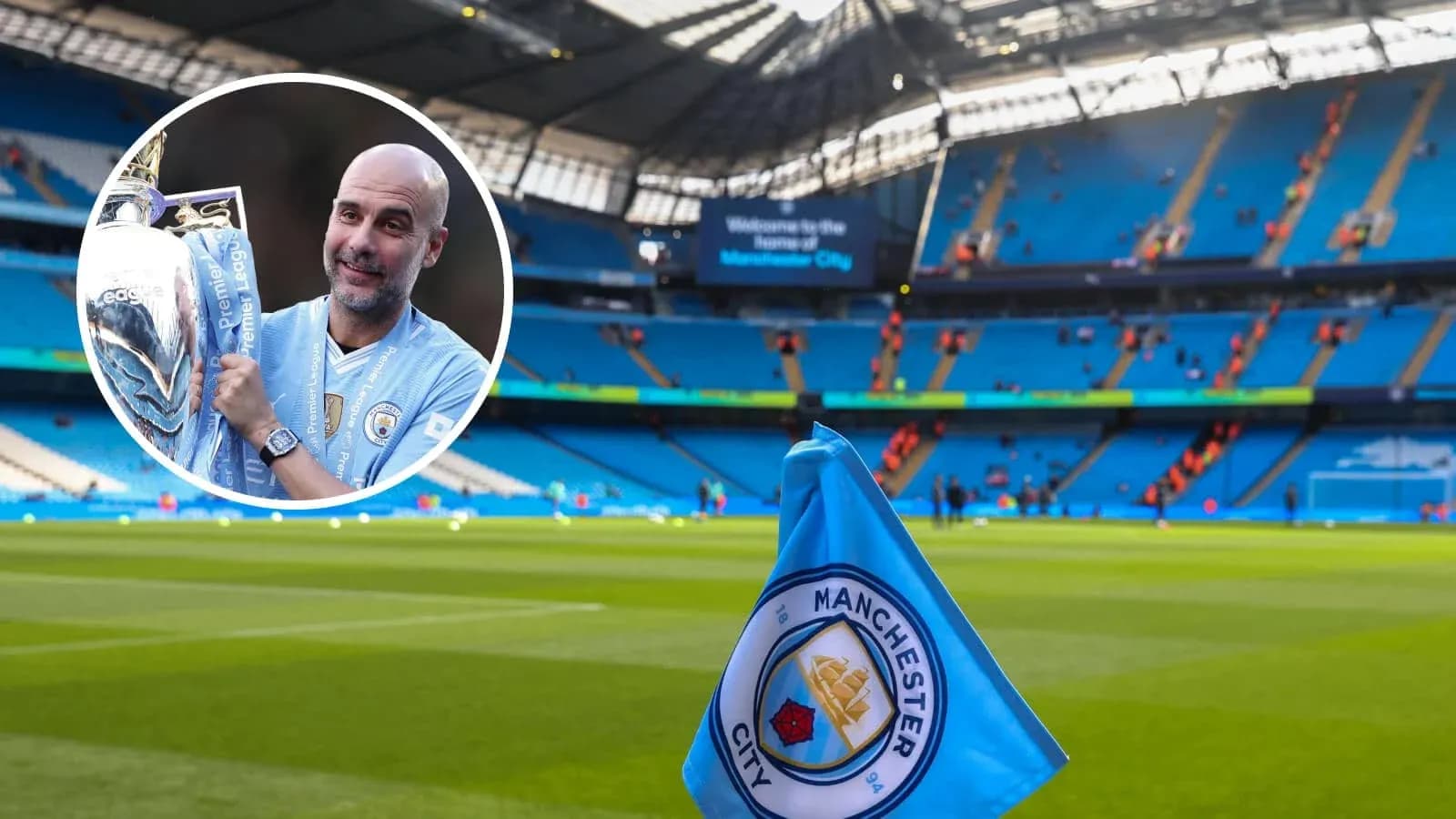 Pep Guardiola sosteniendo el trofeo de Premier League Pep Guardiola sosteniendo el trofeo de Premier League