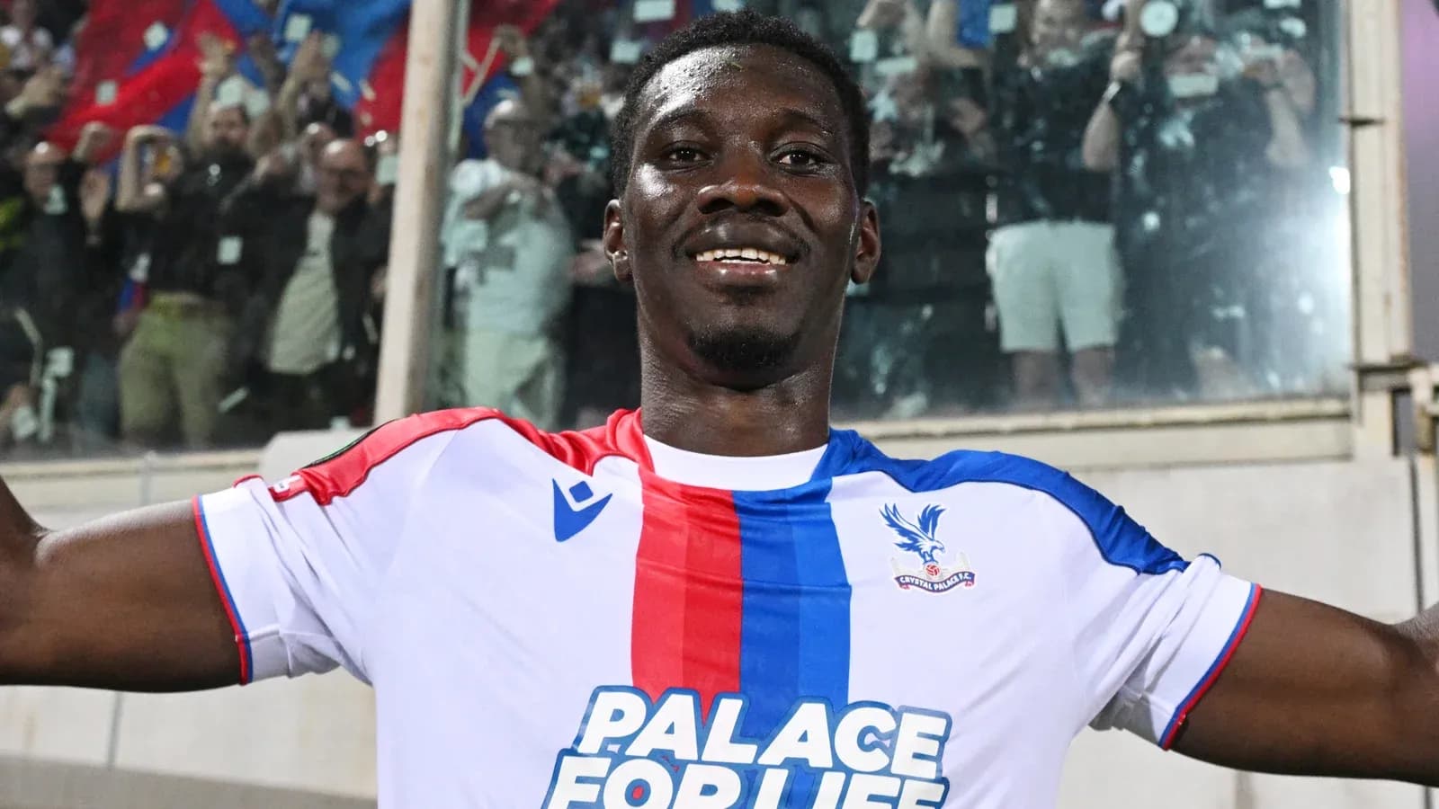 Jugador de Crystal Palace celebrando con aficionados Jugador de Crystal Palace celebrando con aficionados