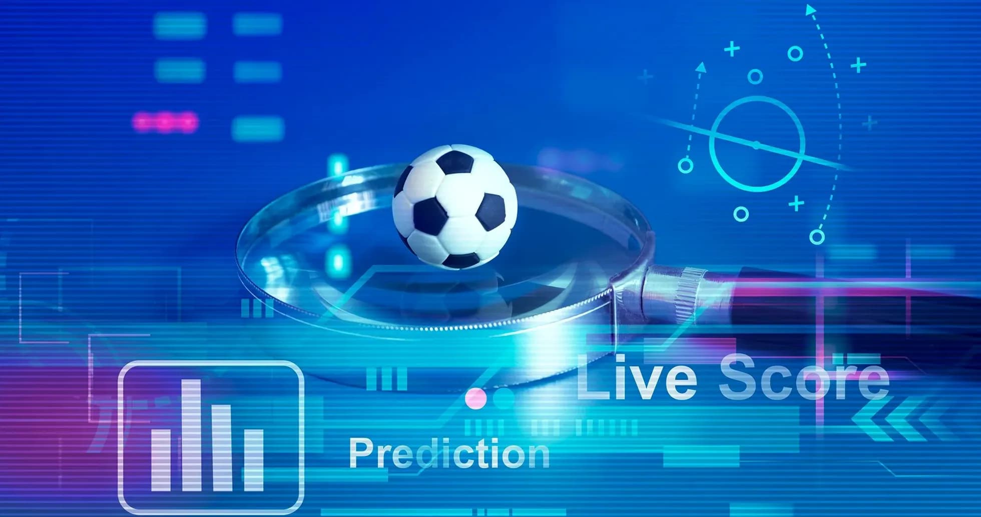 Balón de fútbol sobre lupa con gráficos digitales Balón de fútbol sobre lupa con gráficos digitales