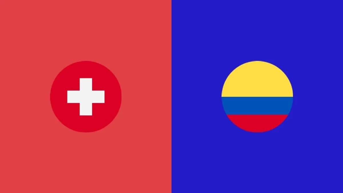 Banderas de Suiza y Colombia en fondo colorido Banderas de Suiza y Colombia en fondo colorido