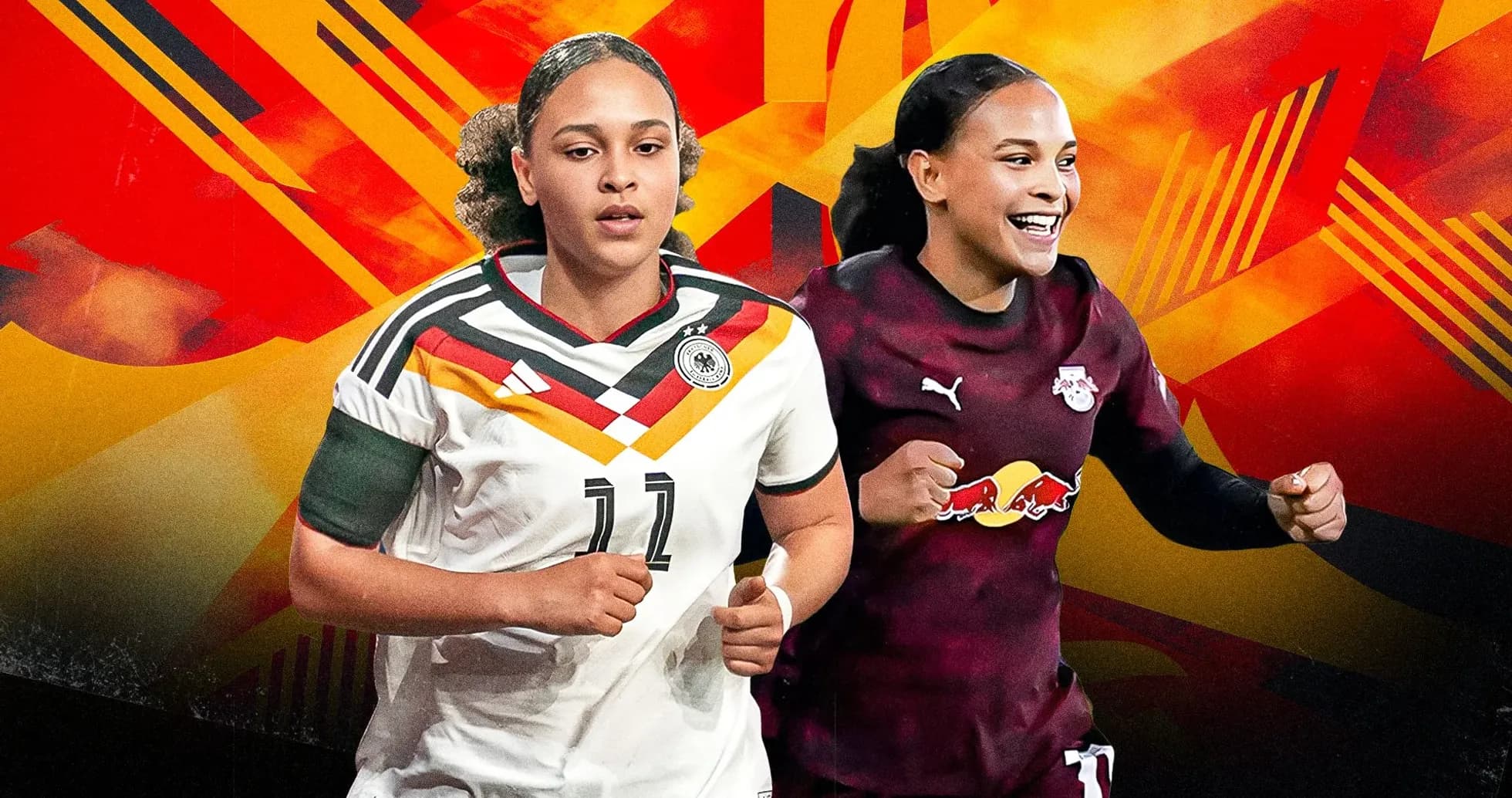 Jugadoras de fútbol en uniforme de Alemania y RB Leipzig Jugadoras de fútbol en uniforme de Alemania y RB Leipzig
