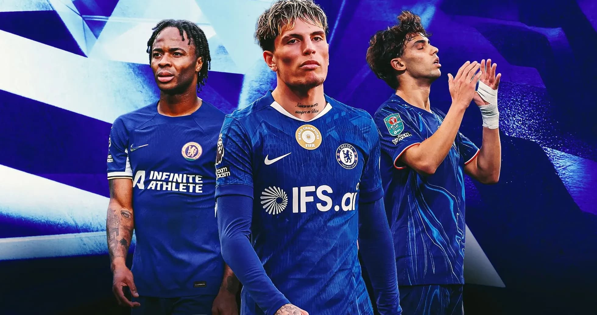 Tres jugadores de Chelsea en uniforme azul Tres jugadores de Chelsea en uniforme azul
