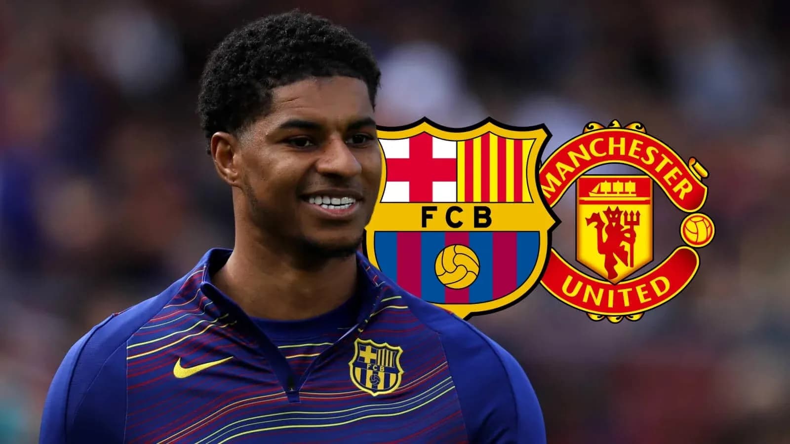 Jugador sonriente con logos de Barcelona y Manchester United Jugador sonriente con logos de Barcelona y Manchester United