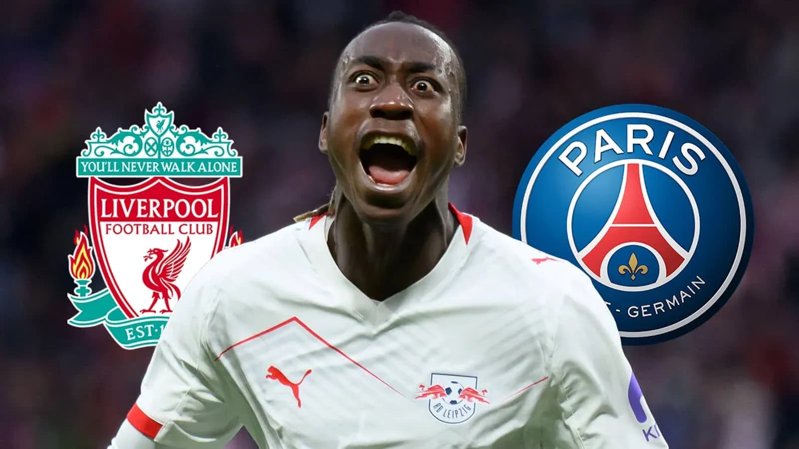 Jugador celebrando un gol con logos de Liverpool y PSG Jugador celebrando un gol con logos de Liverpool y PSG