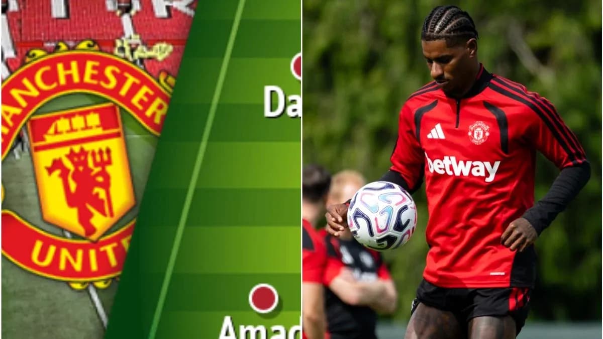 Logo de Manchester United y jugador entrenando con balón Logo de Manchester United y jugador entrenando con balón