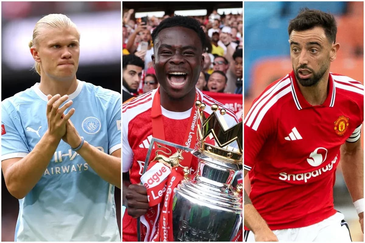 Tres futbolistas posando: uno con camiseta de Manchester City, uno sosteniendo trofeo y otro con camiseta de Manchester United Tres futbolistas posando: uno con camiseta de Manchester City, uno sosteniendo trofeo y otro con camiseta de Manchester United