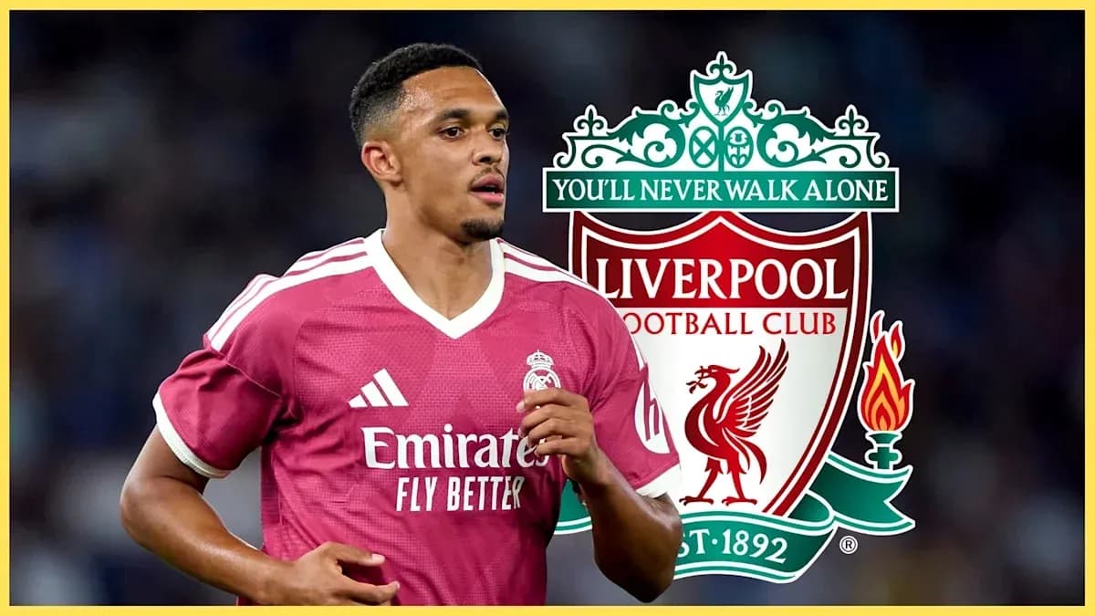 Jugador con camiseta de Real Madrid y escudo de Liverpool Jugador con camiseta de Real Madrid y escudo de Liverpool