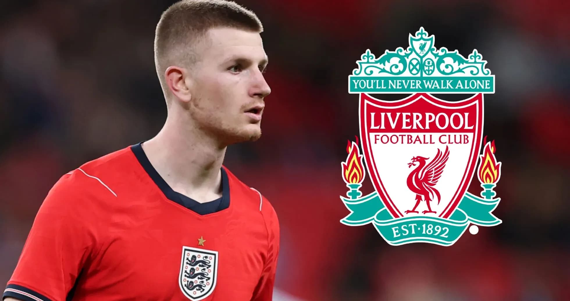 Jugador con camiseta de Inglaterra junto al logo de Liverpool Jugador con camiseta de Inglaterra junto al logo de Liverpool