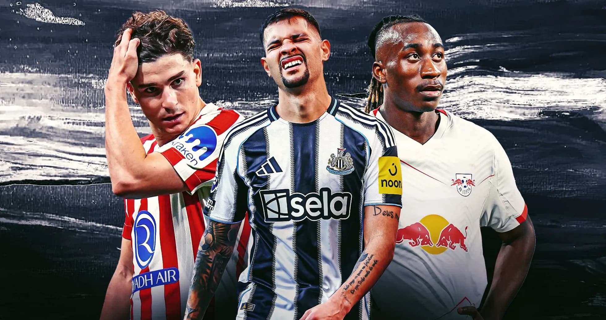 Tres jugadores de fútbol en camisetas de clubes diferentes Tres jugadores de fútbol en camisetas de clubes diferentes