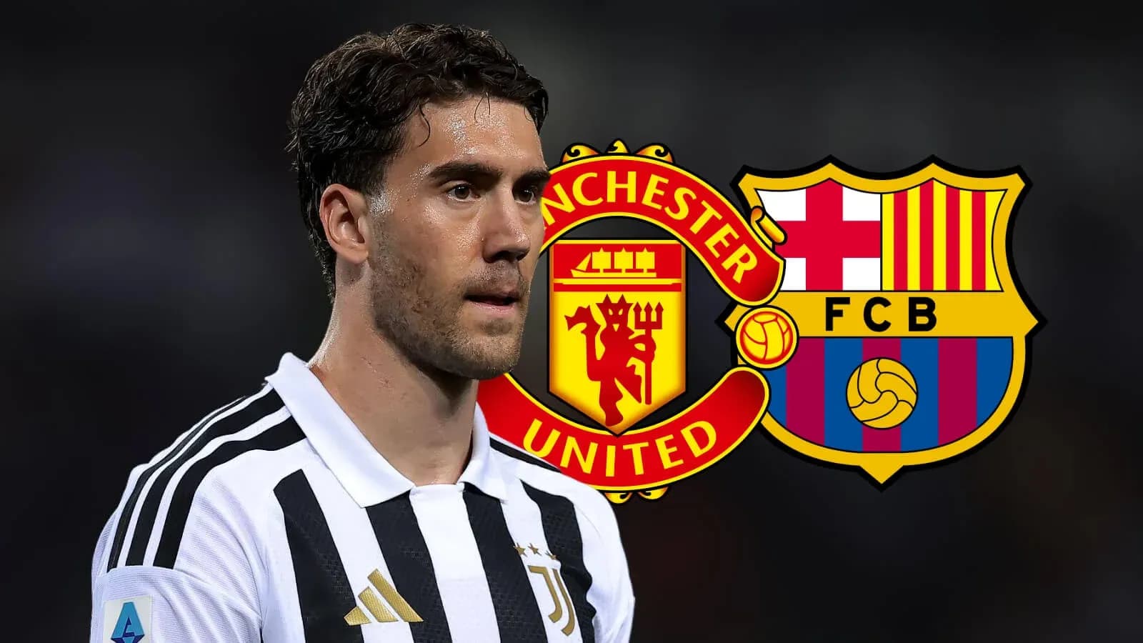 Jugador de Juventus con escudos de Manchester United y Barcelona Jugador de Juventus con escudos de Manchester United y Barcelona