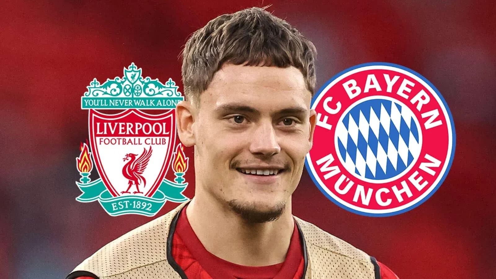 Jugador sonriendo con logos de Liverpool y Bayern Jugador sonriendo con logos de Liverpool y Bayern