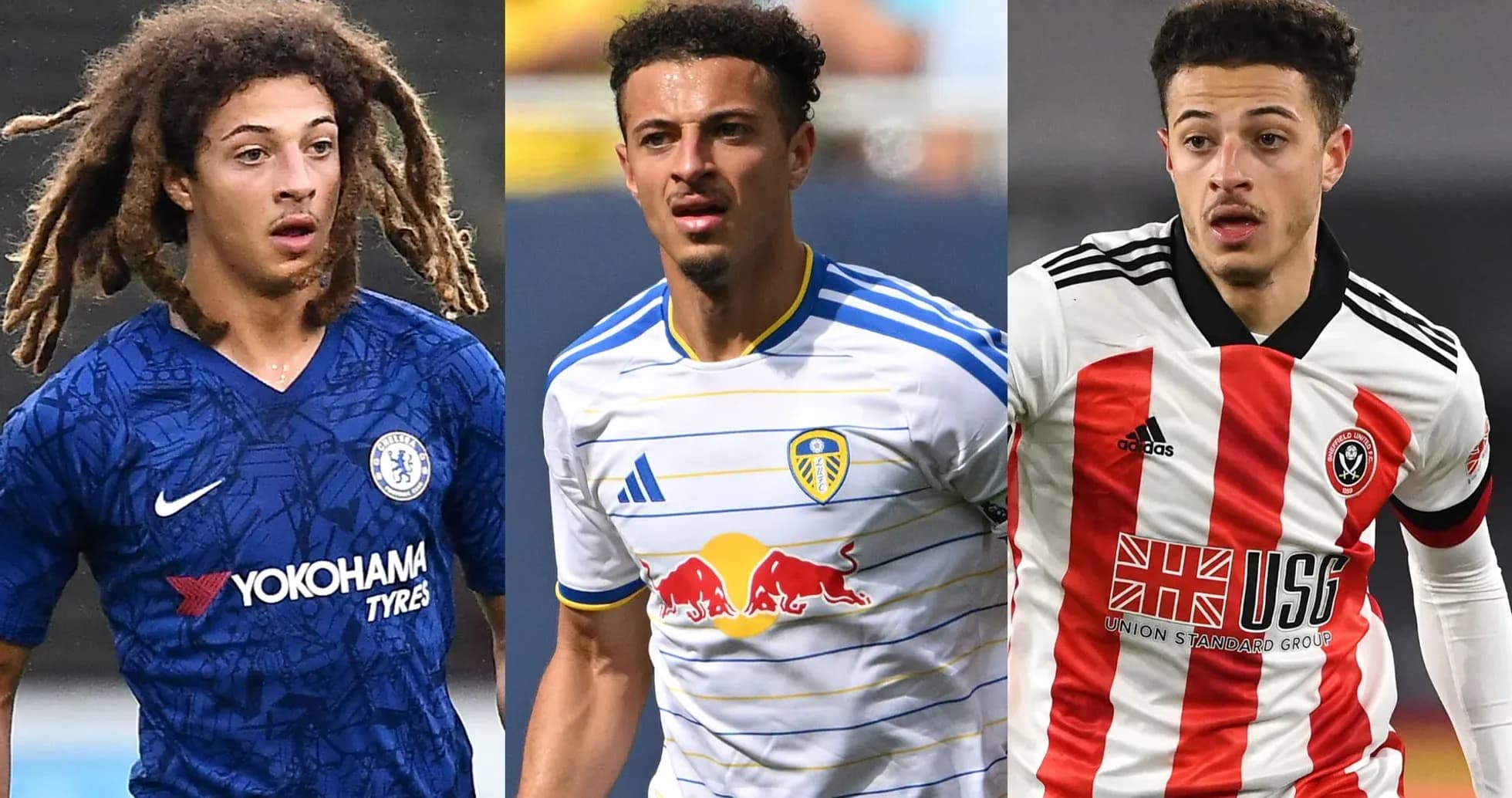Tres jugadores de fútbol en diferentes camisetas de clubes Tres jugadores de fútbol en diferentes camisetas de clubes