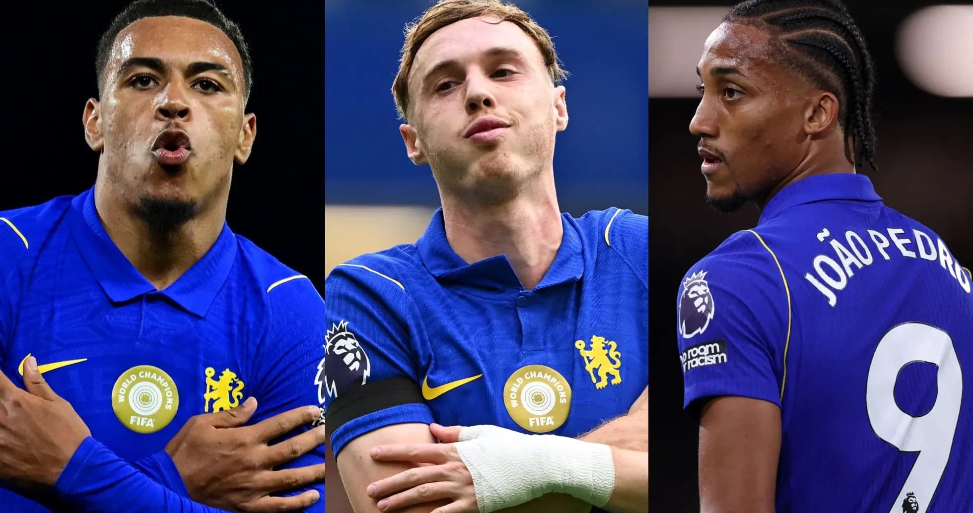 Tres jugadores de Chelsea en uniforme azul Tres jugadores de Chelsea en uniforme azul
