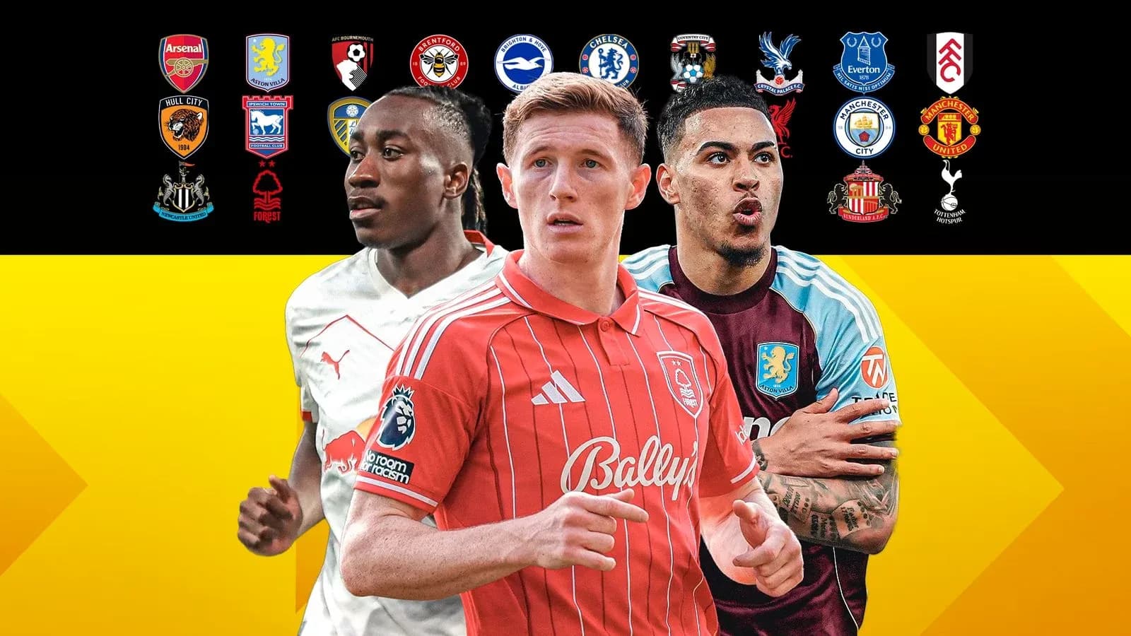 Jugadores de fútbol con logotipos de equipos de fondo Jugadores de fútbol con logotipos de equipos de fondo