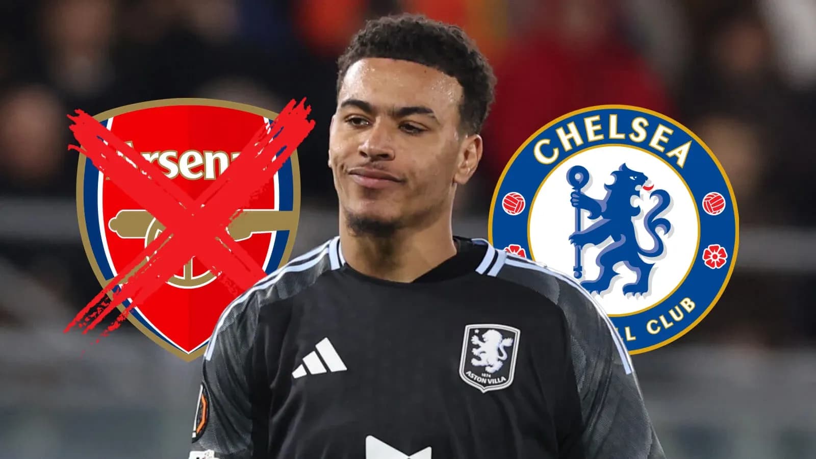 Portero de Aston Villa con escudos de Arsenal y Chelsea Portero de Aston Villa con escudos de Arsenal y Chelsea