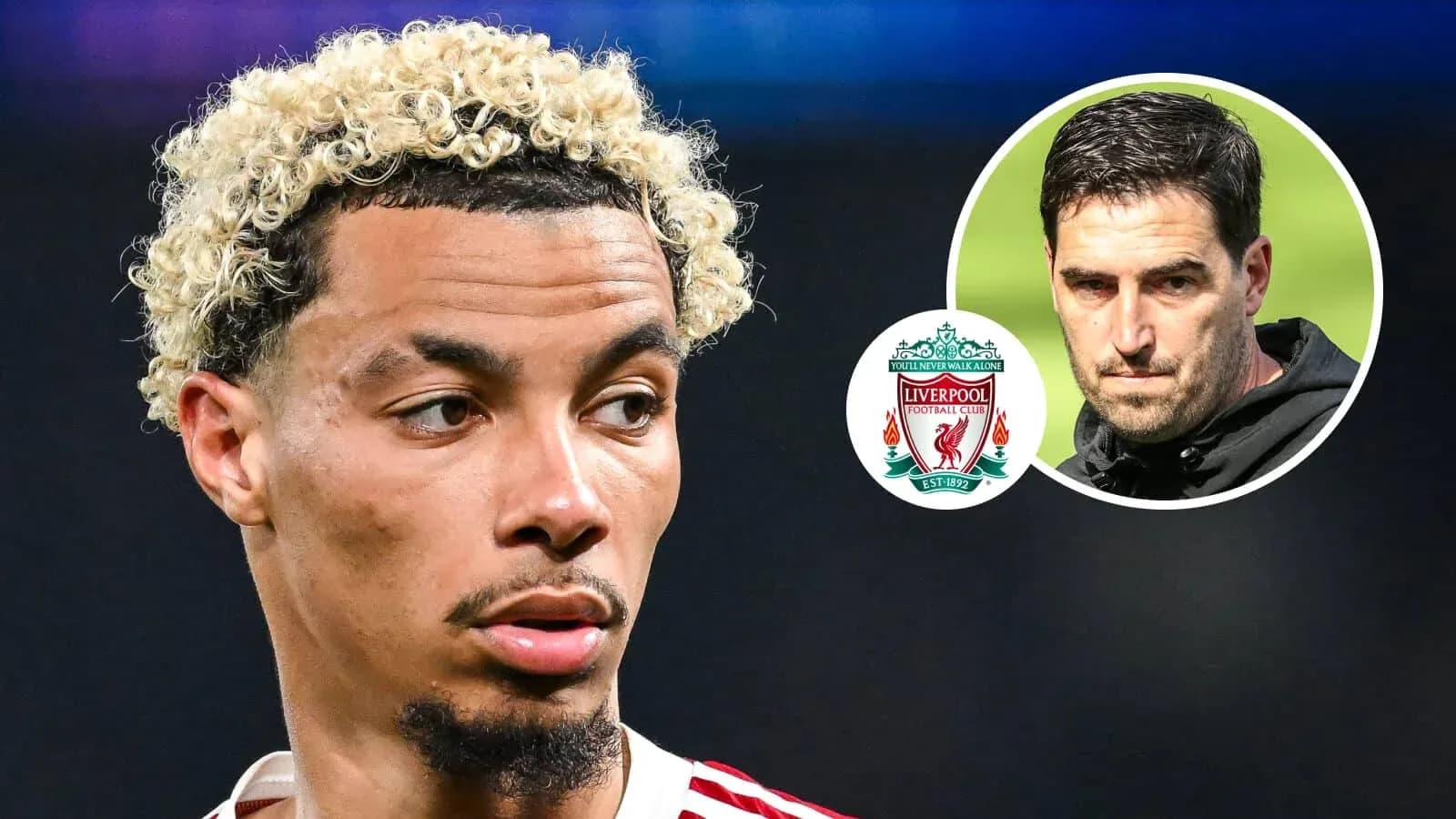 Jugador de fútbol con cabello rizado y logo de Liverpool Jugador de fútbol con cabello rizado y logo de Liverpool